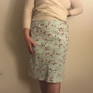 TRUE VINTAGE 90s Express Cherry Blossom Teal Knee Length Skirt size 5/6
